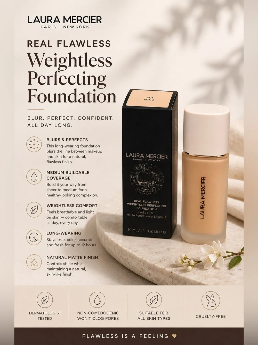 laura mercier Weightless Perfecting Foundation - Beige (Ecru) 2c1